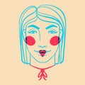 Face of yang girl. Colorful cute screen printing effect. Riso print effect. Vector illustratin